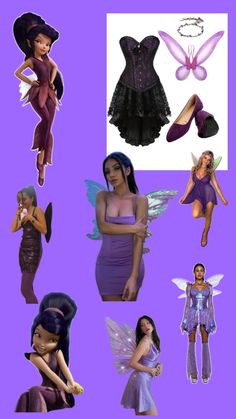 several pictures of different types of women in purple and black outfits, with one woman dressed as a fairy