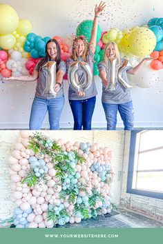 three women standing in front of balloons and confetti