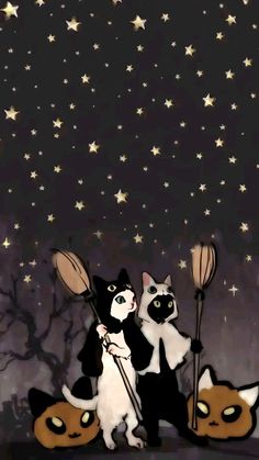 two cats are standing next to each other with brooms and stars in the background