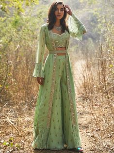 Featuring mint organza sharara pants paired with organza shirt, hand-embroidered jacket, and belt. Color: Mint Green Fabric: Organza; Georgette Care: Dry Clean Only Pants With Blouse, Sharara Pants, Estilo Hippie