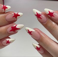 White And Red Nail Designs, Red Nails With Stars, Russian Nail Art, White And Red Nails, Red Star Nails, Star Nail Designs, Nail Candy, Really Cute Nails, Almond Acrylic Nails