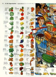 an advertisement for the supermarket with people shopping in it and food on the cart, as well as other items