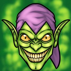 an image of a green troll face with yellow eyes and purple hair on it's head