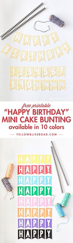 happy birthday mini cake bunting is displayed in front of the words happy birthday on it