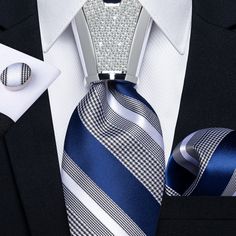 4PC Blue White Stripe Men's Tie Handkerchief Cufflinks Accessory Set – DiBanGuStore Pretty Knots, Mens Business, Unique Ties, Fathers Day Sale, Men's Tie, Tie Set, Striped Tie, Tie Accessories, Diamond Design