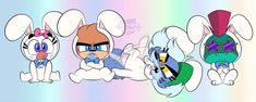 three cartoon characters sitting next to each other in front of a rainbow colored wallpaper