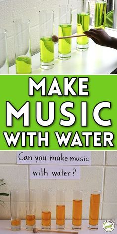 an advertisement for make music with water, which includes glasses filled with liquid and the words can you make music with water?