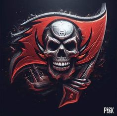 a skull with a pirate flag on it's head and two swords in the other hand