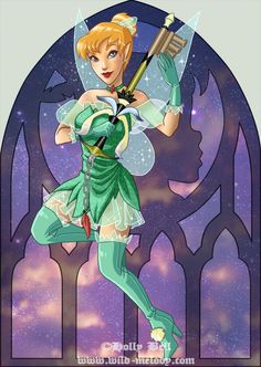 a woman dressed as tinkerbell in front of a stained glass window with stars