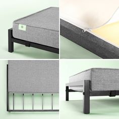 four different views of a bed frame and mattress