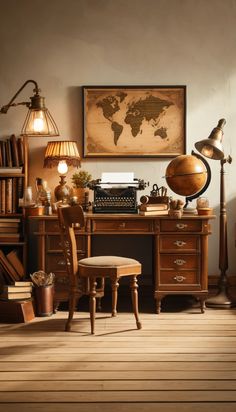 an old fashioned desk and chair with a world map on the wall