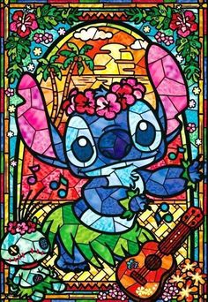 a stained glass window with an image of stitchy