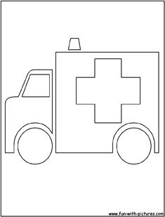 an ambulance truck with the cross on it's front and back end, outlined in black ink