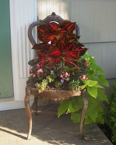 a chair with flowers on it sitting in front of a door and potted plant