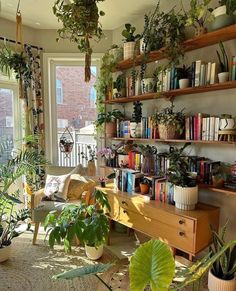 a living room filled with lots of plants and books on top of shelving units