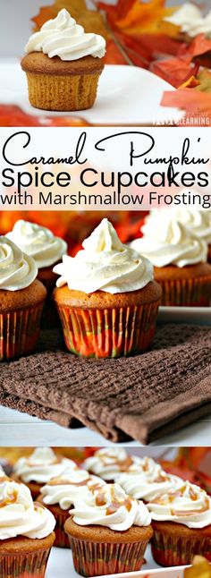 cupcakes with marshmallow frosting and maple leaves in the background are shown