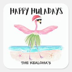 a happy holidays card with a pink flamingo wearing a santa hat on the beach