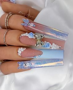 Butterfly Inspo Nails, Azul Nails, Dawn Marie, Quinceanera Nails, Blue Acrylic Nails