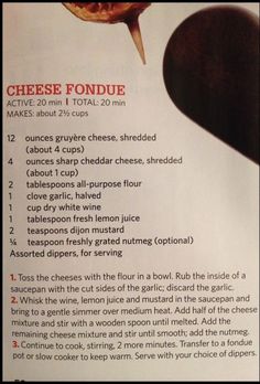 a recipe for cheese fondue is shown in an advertisement with information about how to make it