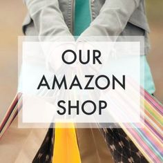 a person holding several shopping bags with the words our amazon shop overlaying it