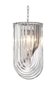 a chandelier hanging from the ceiling with clear glass and metal strips on it