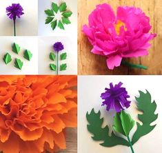 four different types of paper flowers with leaves