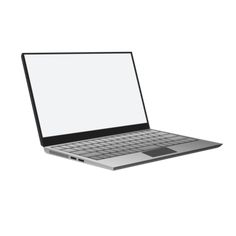 an open laptop computer sitting on top of a white surface with a blank screen in front of it