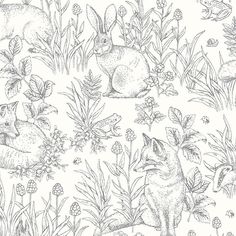 a drawing of rabbits and flowers on a white background