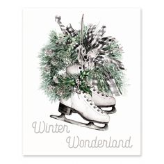 a christmas card with ice skates and holly