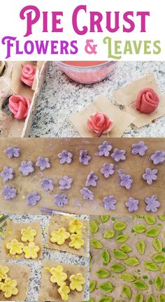 flowers and leaves made out of paper on a table next to a cookie sheet with the words, pie crust flowers & leaves