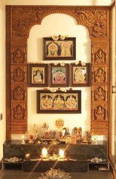 Hindu Altar Ideas Home, Prayer Room Ideas Hindu, Home Decor Indian, Front Door Design Wood, Wood Bed Design, Easy Room Decor, Carved Wood Wall Art