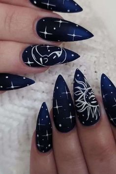 18 Stunning Blue and Black Nails Designs for a Bold Statement - ReenaSidhu Nail Ideas Acrylic Matte, Blue Witchy Nails, Blue Black Nails Design, Sailor Moon Nails Acrylic, Black And Royal Blue Nails, Black Moon Nails, Black And Blue Nail Designs, Blue And Black Nails Designs, Matte Navy Blue Nails