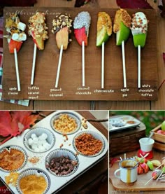 several different pictures of food on sticks and in paper cups, including apples, marshmallows