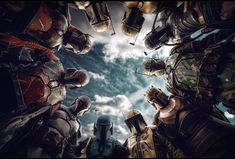 looking up into the sky at some sci - fi characters in armor and helmets, with clouds behind them