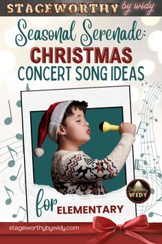 a flyer for a christmas concert featuring a young boy singing into a microphone and wearing a santa hat