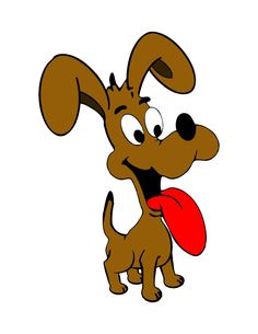 a cartoon dog holding a red frisbee in its mouth and looking at the camera