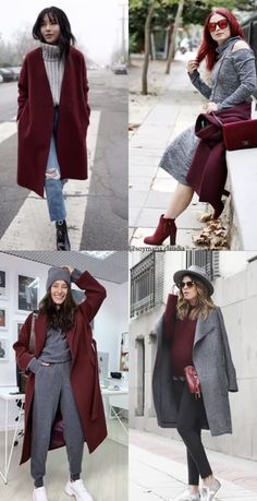 Burgundy And Camel Outfit, Burgandy Outfits For Women Winter, Burgundy And Navy Outfit, Grey Burgundy Outfit, Maroon And Blue Outfit, Chic Fitted Burgundy Outerwear, Burgundy Coat Outfit Winter, Burgundy And Grey Outfits, Burgundy Fall Outfits 2024