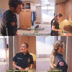 two pictures with the same person talking to each other, and one has a police uniform on