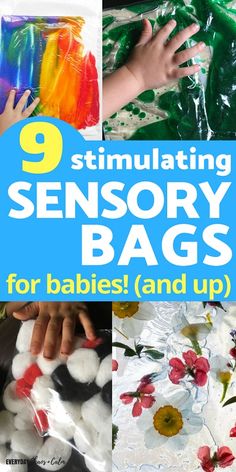 there are many different pictures with the words 9 stimulating sensory bags for babies and up