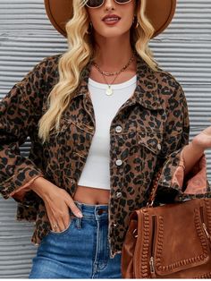 Trend Leopard Print Denim Coat Women Autumn Winter New Fashion Casual Commuting Lapel Long Sleeve Leopard Print Jeans, Printed Denim Jacket, Print Denim, Cooler Look, Street Look, Denim Jacket Women, Women Sleeve, Printed Denim