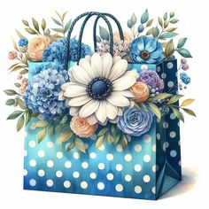 a painting of a blue bag with flowers and polka dots on the bottom, in front of a white background