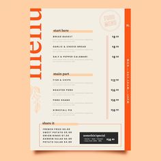 an orange and white restaurant menu