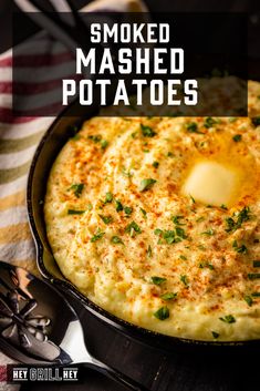 baked mashed potatoes in a skillet with text overlay