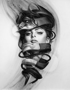 a pencil drawing of a woman's face with her hair blowing in the wind