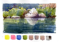 a watercolor painting of some rocks in the middle of a body of water with color swatches