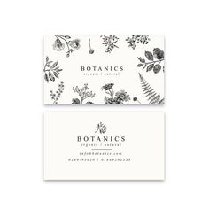 two business cards with black and white floral designs on the front, one is for botanicals