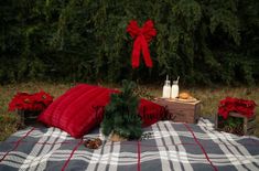 a plaid blanket with red pillows and christmas decorations on it, next to some pine cones