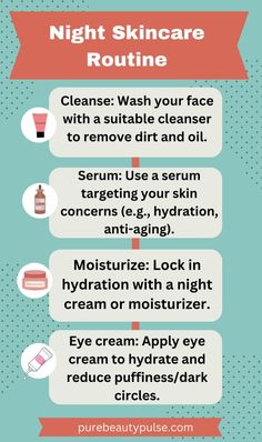 Follow this night skincare routine to wake up with glowing and healthy skin! Start by cleansing away the day's impurities, apply a targeted serum for hydration or anti-aging benefits, moisturize to lock in hydration, and don't forget to pamper your eyes with an eye cream to reduce puffiness and dark circles. Consistency is key for radiant skin every morning!  #NightSkincareRoutine #GlowingSkin #SkincareTips #HealthySkin #SkincareEssentials Targeted Serum, Night Skincare Routine, Night Skincare, Nighttime Skincare, Night Skin Care Routine, Before Going To Bed, Eye Wrinkle