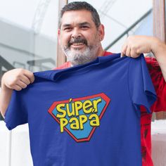 The perfect tshirt for the new father in your life or any dad that is pretty much a super hero and will and does anything for his children. Wear it to the hospital to the delivery, when bringing home baby, to the baby shower or anywhere where you are being an awesome dad. This tee is a great gift for any Papi. This super-soft, baby-knit t-shirt looks great on both men and women - it fits like a well-loved favorite. Made from 100% cotton, except for heather colors, which contain polyester. * 100% Blue Cotton T-shirt For Father's Day, Blue Father's Day T-shirt With Screen Print, Blue Tops With Screen Print For Father's Day, Blue Screen Print Tops For Father's Day, Father's Day Short Sleeve Screen Print T-shirt, Father's Day Graphic Print Short Sleeve T-shirt, Funny Character Print T-shirt For Father's Day, Funny Screen Print Tops For Father's Day, Funny Screen Print Top For Father's Day