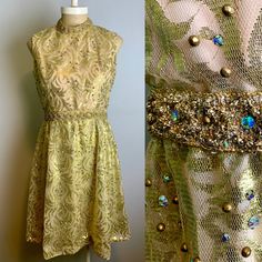 Vintage 60s Gold Lace Sequined and Beaded Cocktail Party Dress. Great stage wear for a performer or any one who wants to feel bold and  glamorous. Made by Joseph Magnin. Zipper back. Great condition.  Photos take on a size 34 mannequin. 18" across the chest 13" across the waist  22" across the hip 40" from the top of the back collar to the hem Festive Embellished Party Evening Dress, Vintage Gala Dresses For Party Season, Vintage Dresses For Gala And Party Season, Vintage Dresses For Gala Party Season, Vintage Dresses For Gala, Sleeveless Embellished Evening Dress For Party, Festive Glamorous Fitted Evening Dress, Vintage Festive Evening Dress For Party, Vintage Cocktail Evening Dress For Party Season